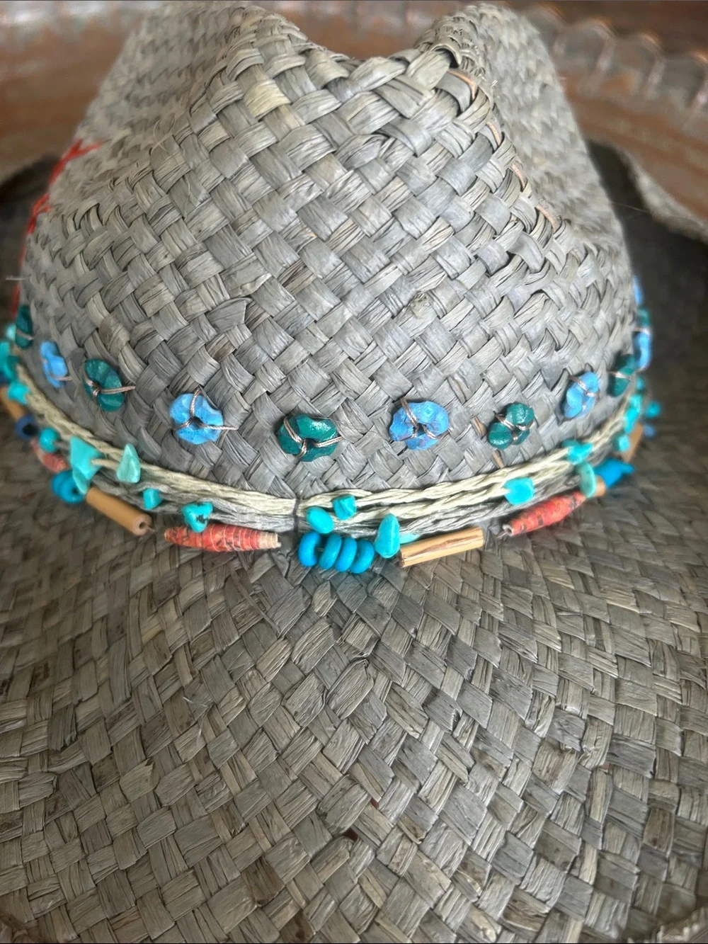 Upcycled Woven Straw Fedora Cowgirl hat with Turquoise Bead Trim